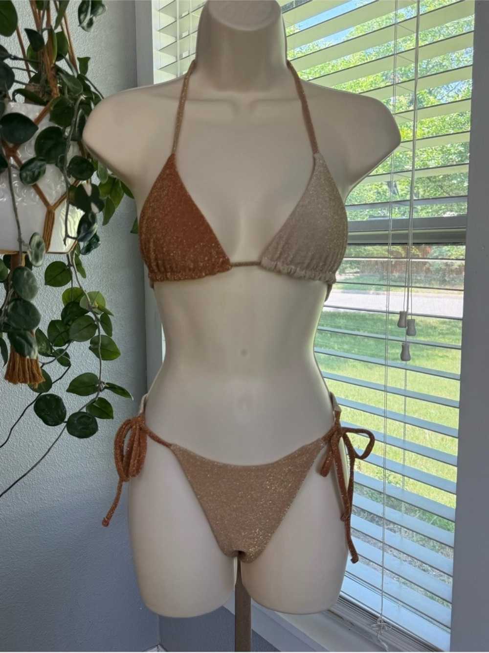 American Eagle Outfitters Two-Tone Sparkle Triangle Bikini — Brown & Beige